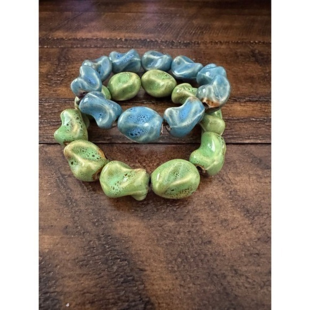 2 Coastal Chic Ceramic‎ Artisan Stretch Bohemian Style Bracelets